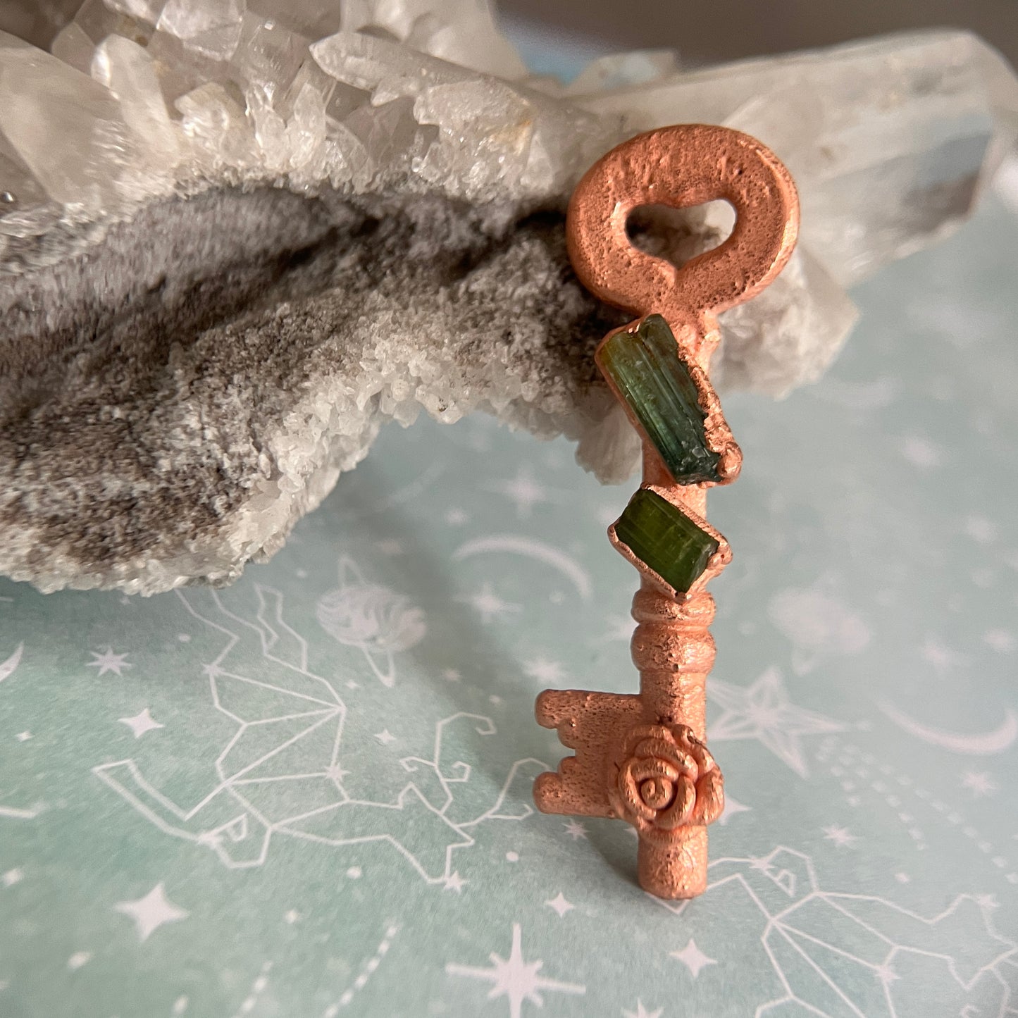Green Tourmaline Rose Key Charm Necklace