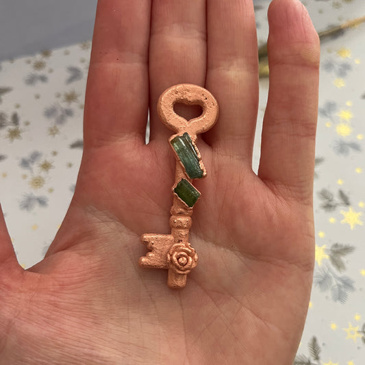 Green Tourmaline Rose Key Charm Necklace