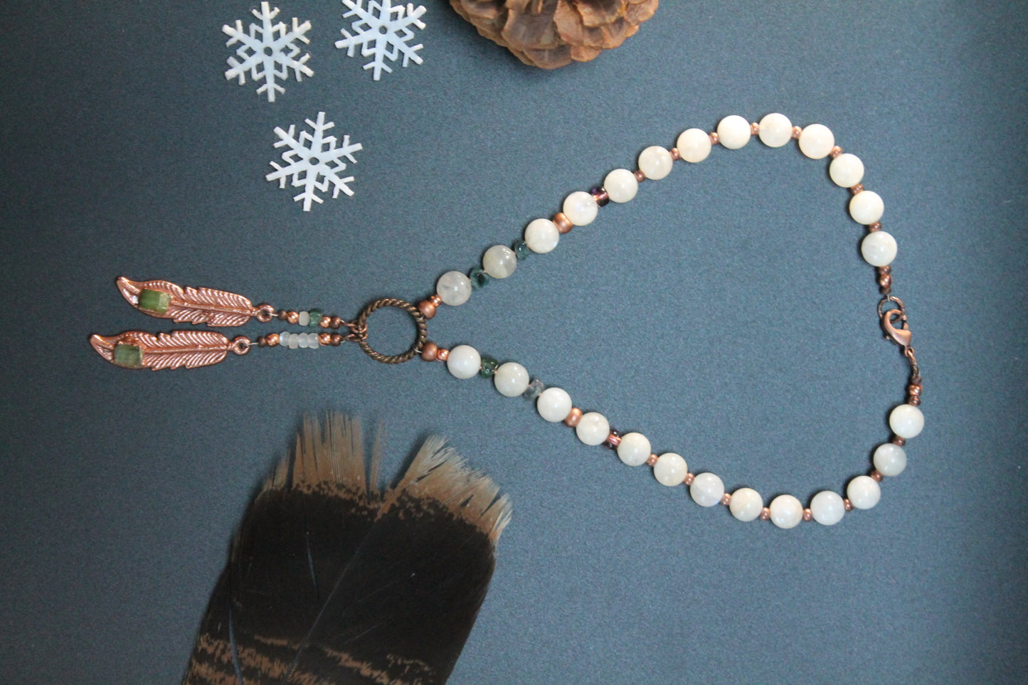Moonstone Beaded Necklace with Feathers