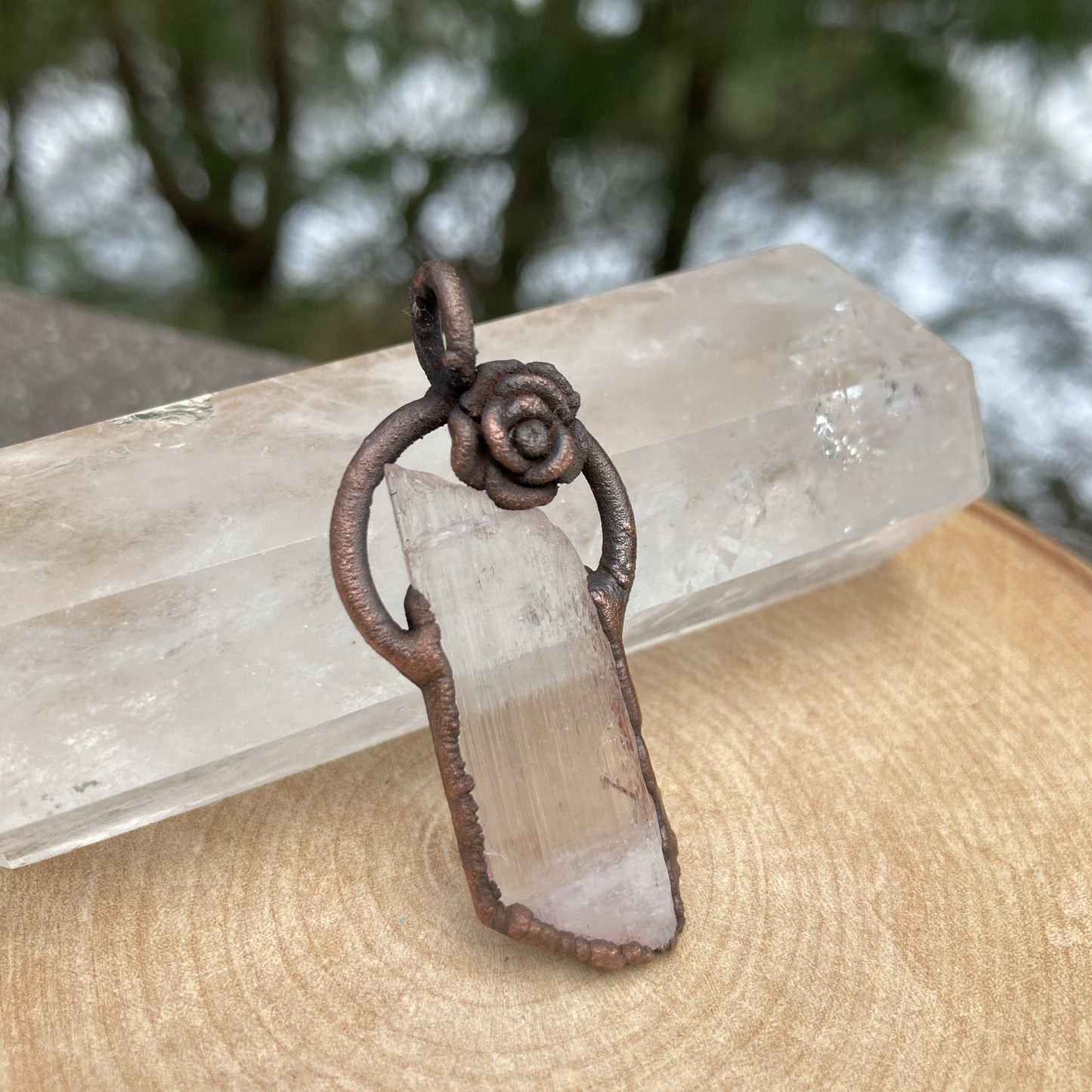 Antique Kunzite Crystal Pendant on Pure Copper Necklace