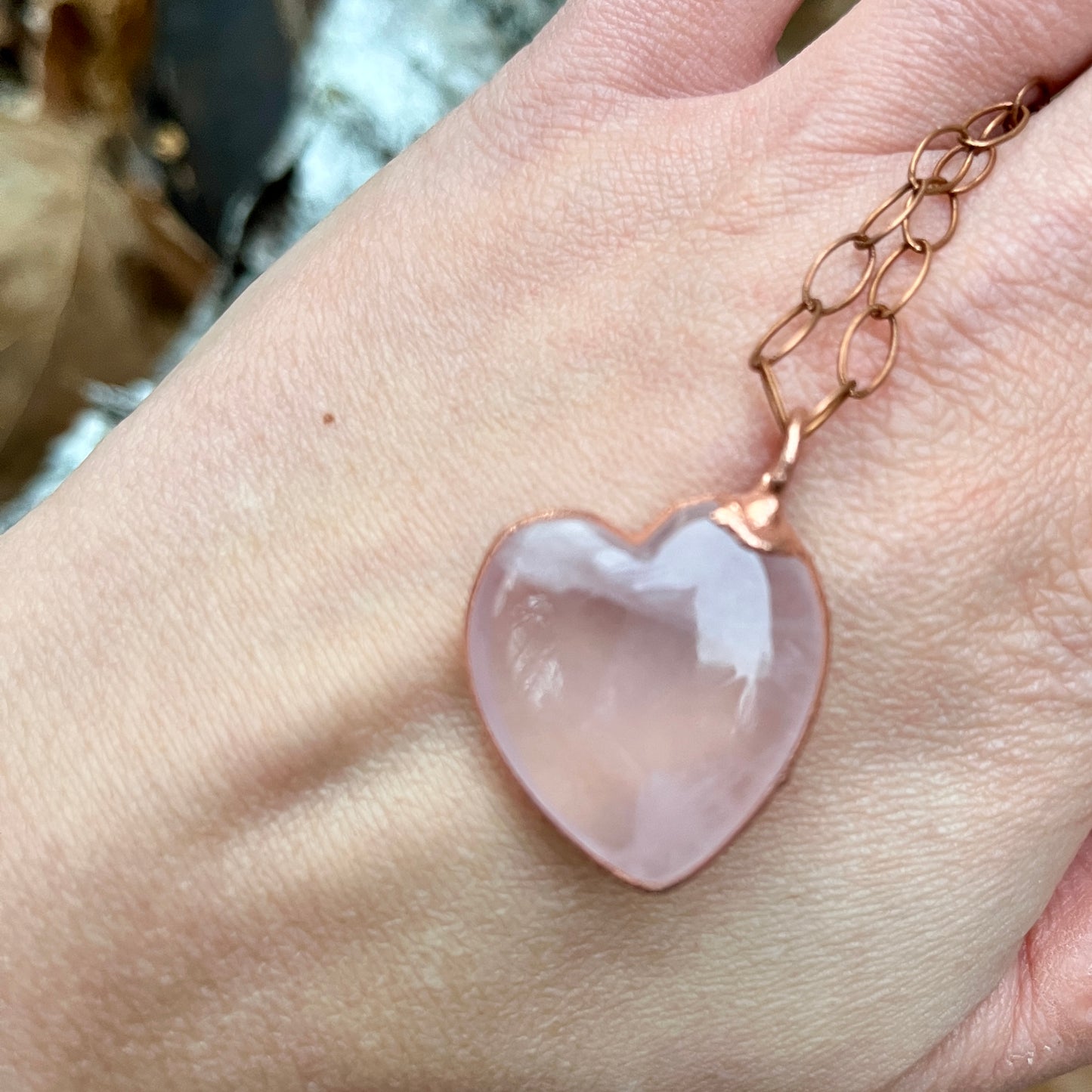 heart chakra rose quartz handmade necklace with a copper chain.