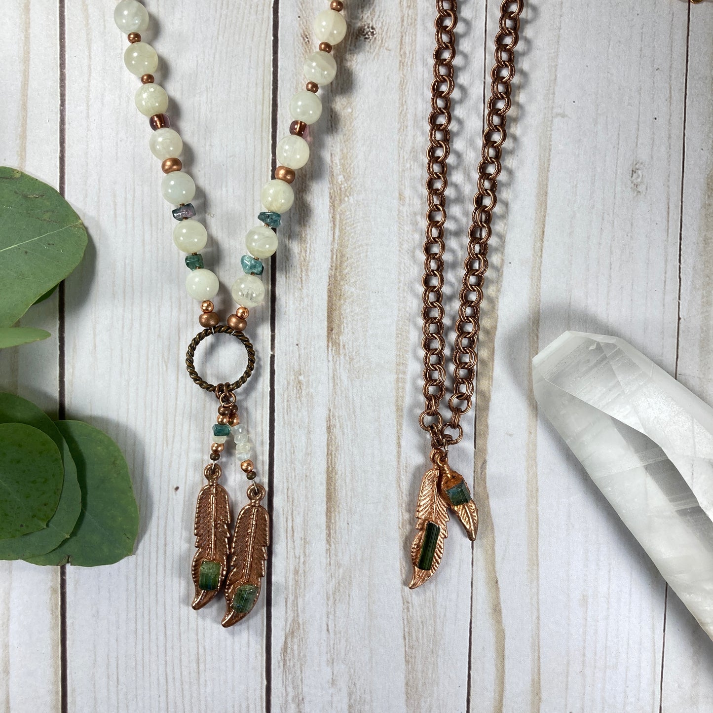 Moonstone Beaded Necklace with Feathers