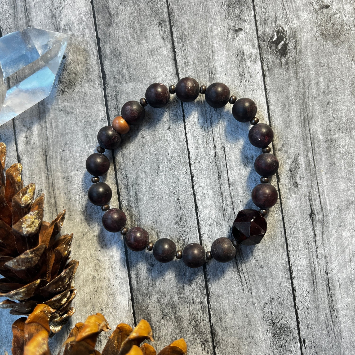 Dark, maroon, beaded bracelet, created with healing, garnet, round crystals ￼