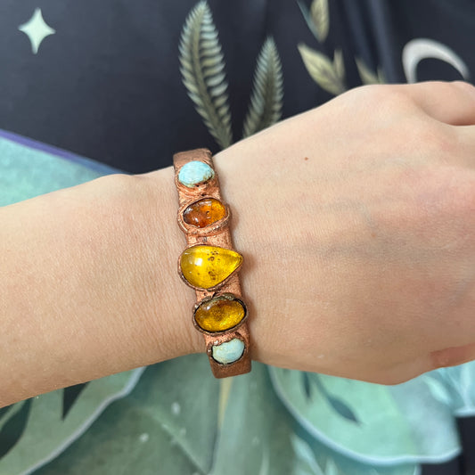 Amber and Larimar Handmade Copper Cuff