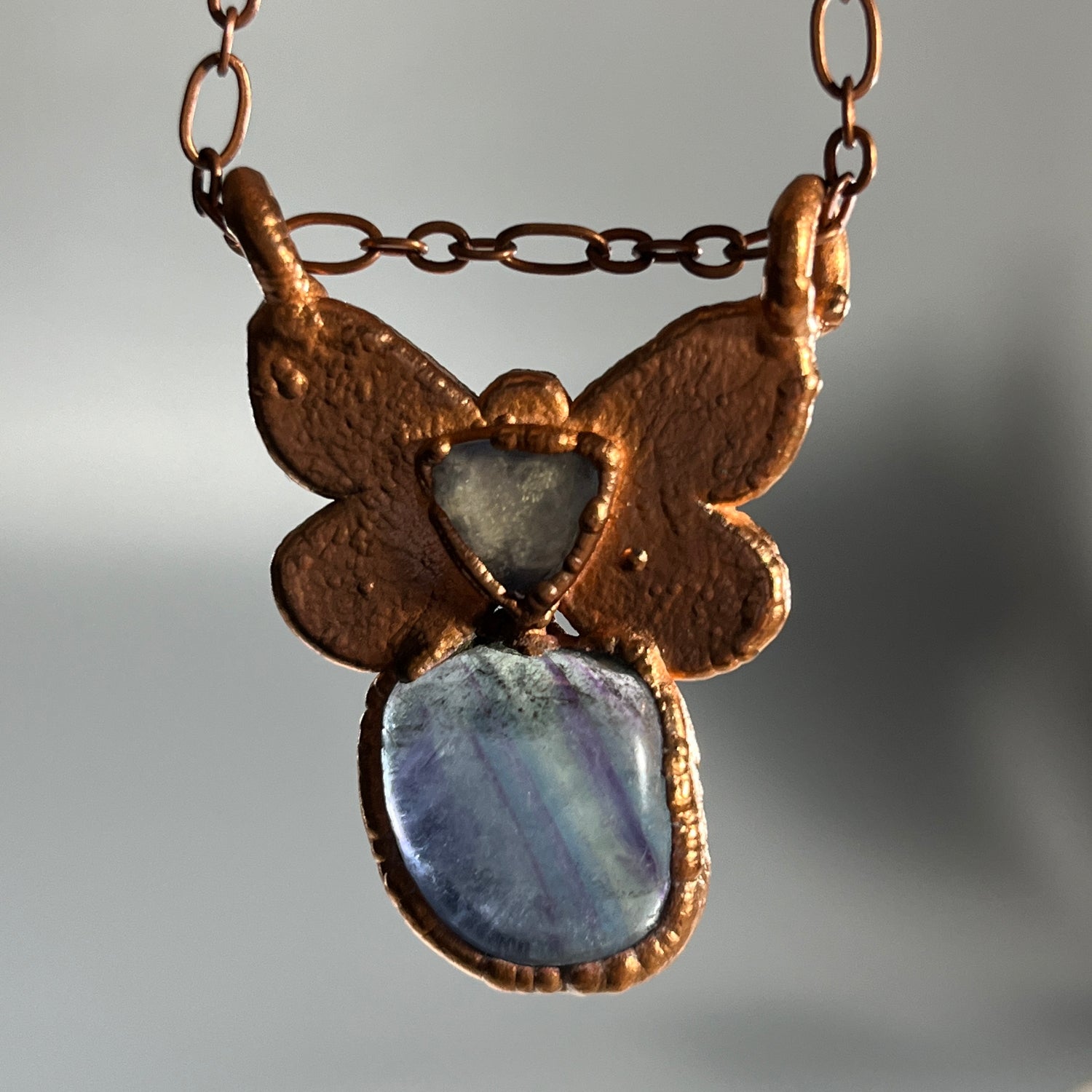 handmade crystal jewelry- fluorite and moonstone crystal butterfly necklace.
