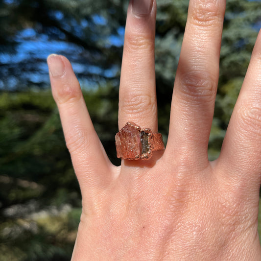 Golden Topaz and Green Moldavite Ring 6.5