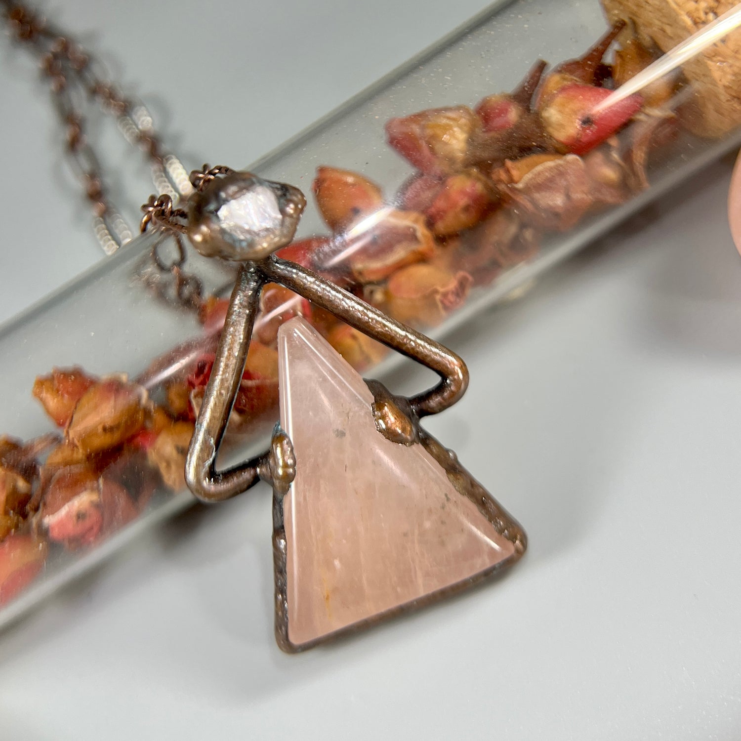 healing rose quartz and herkimer crystal electroformed pendant with matching pretty copper chain necklace.