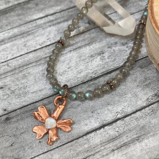 Labradorite Necklace with Moonstone Studded Copper Flower Charm