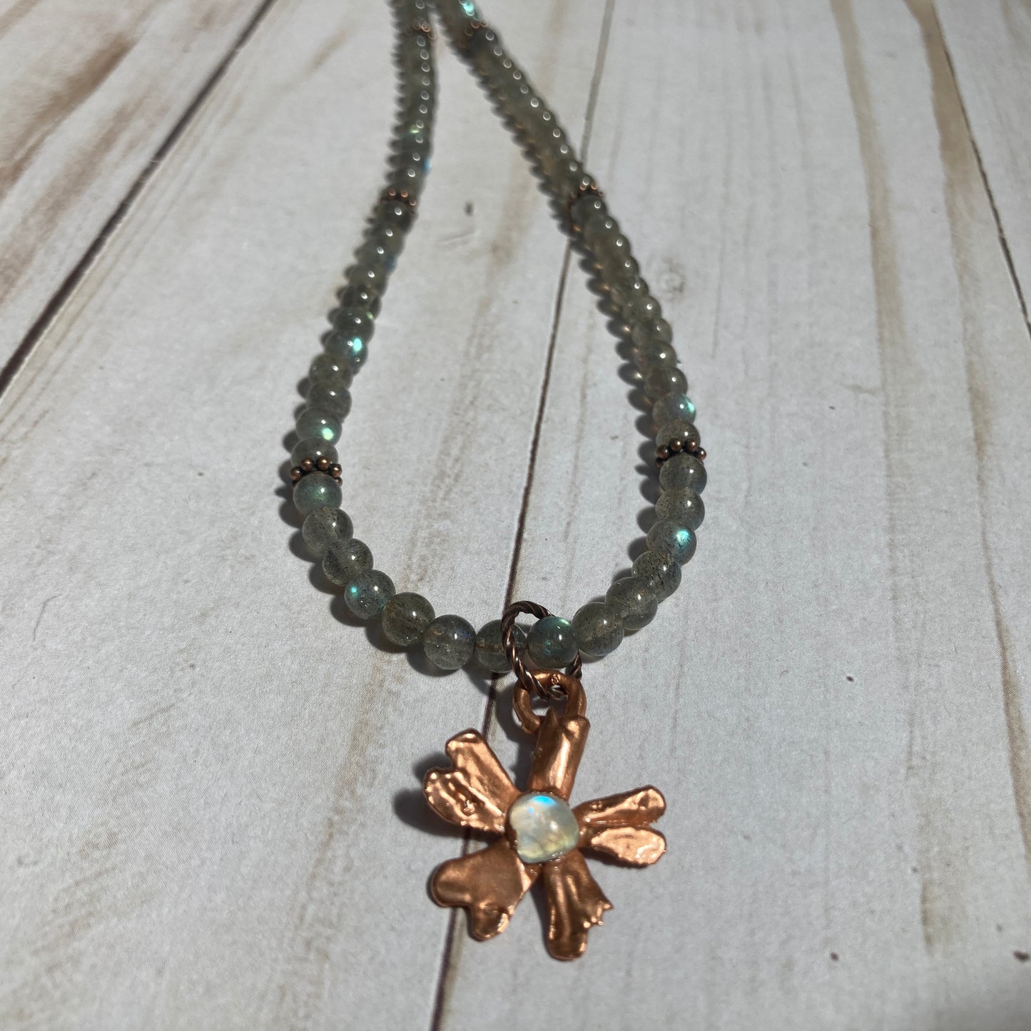 Labradorite Necklace with Moonstone Studded Copper Flower Charm