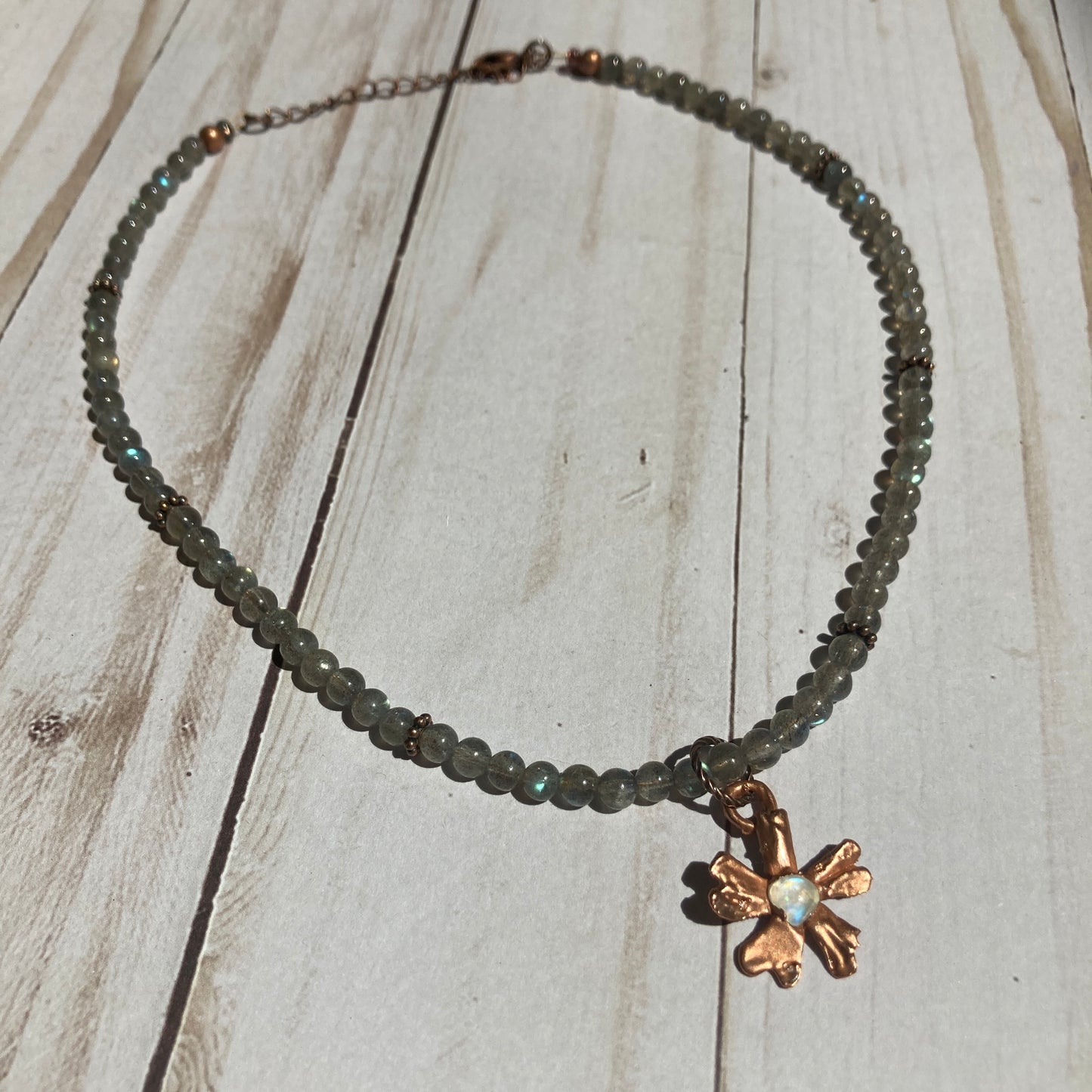 Labradorite Necklace with Moonstone Studded Copper Flower Charm
