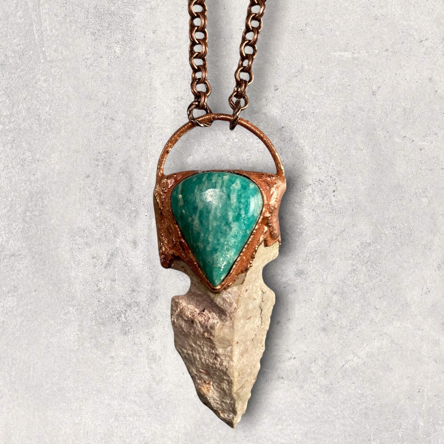stone arrowhead and turquoise amazonite copper electroformed necklace
