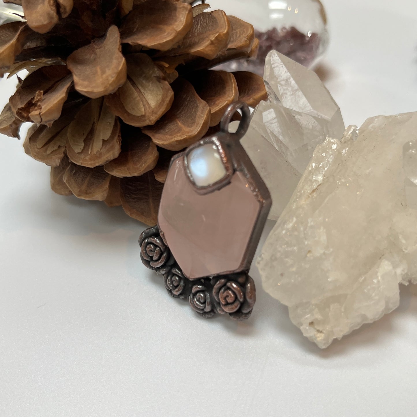 Rose Quartz Moonstone and Roses Crystal Necklace