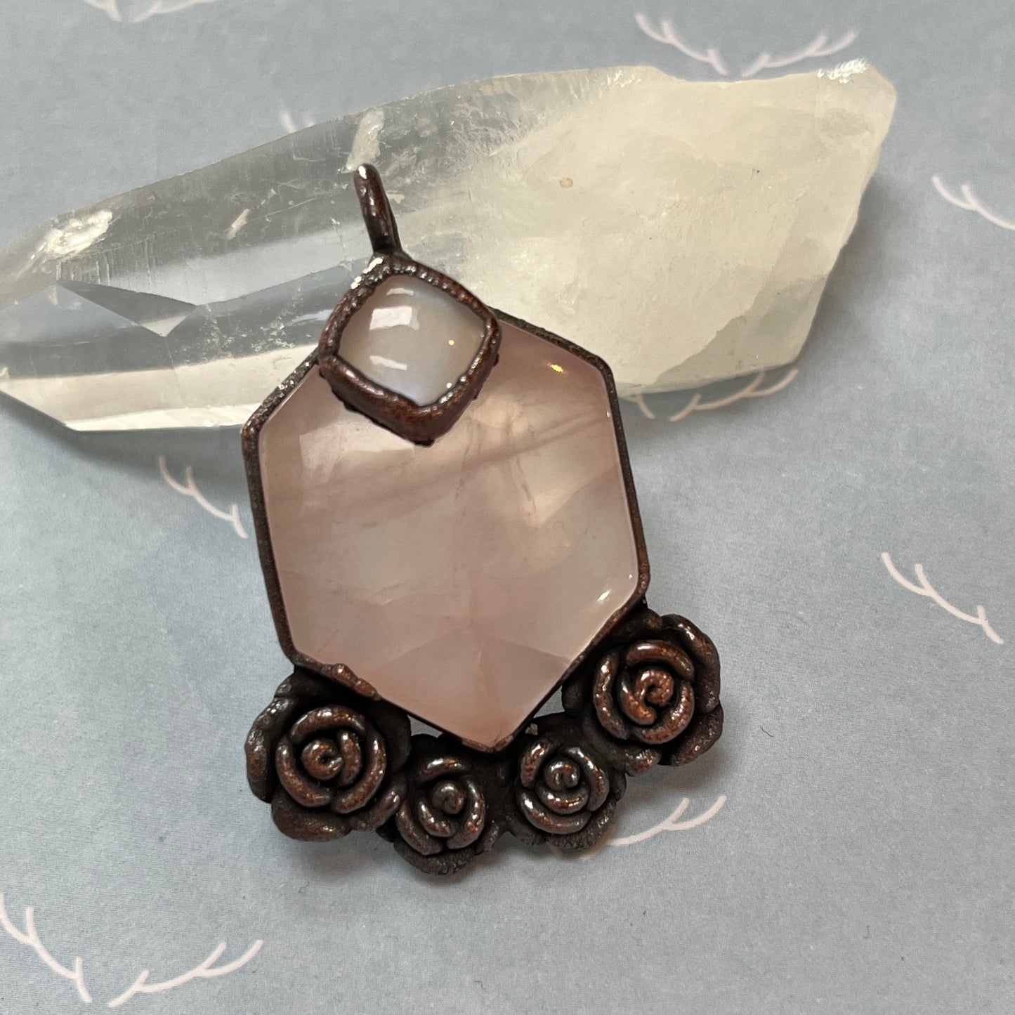 Rose Quartz Moonstone and Roses Crystal Necklace