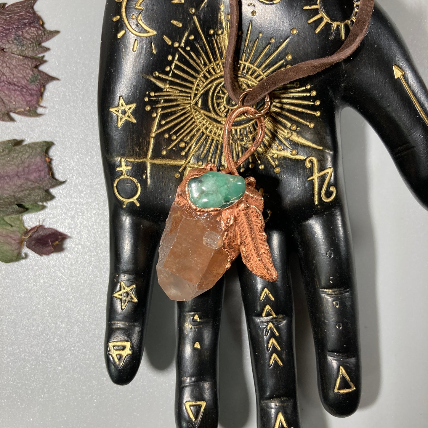 Copper Electroformed Crystal Necklace Quartz + Emerald