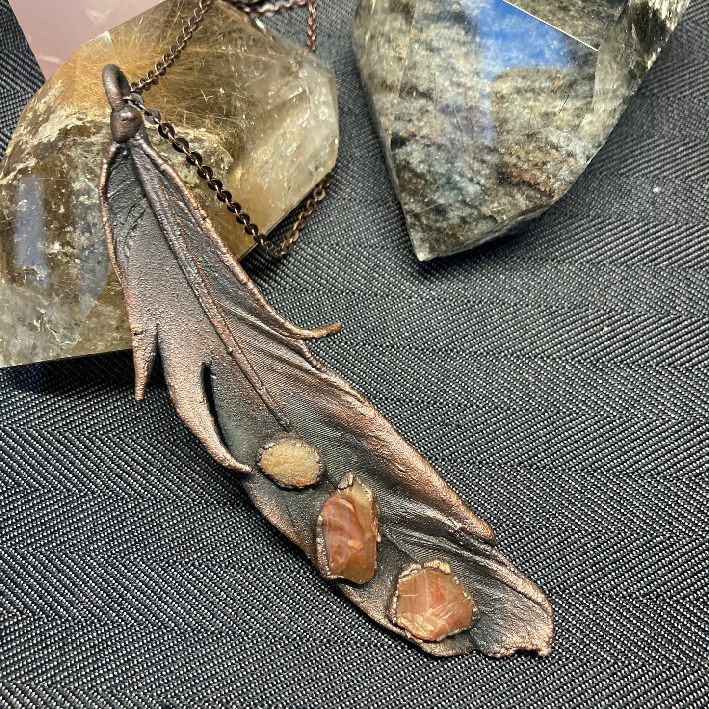 Real Feather Necklace with Three Agates