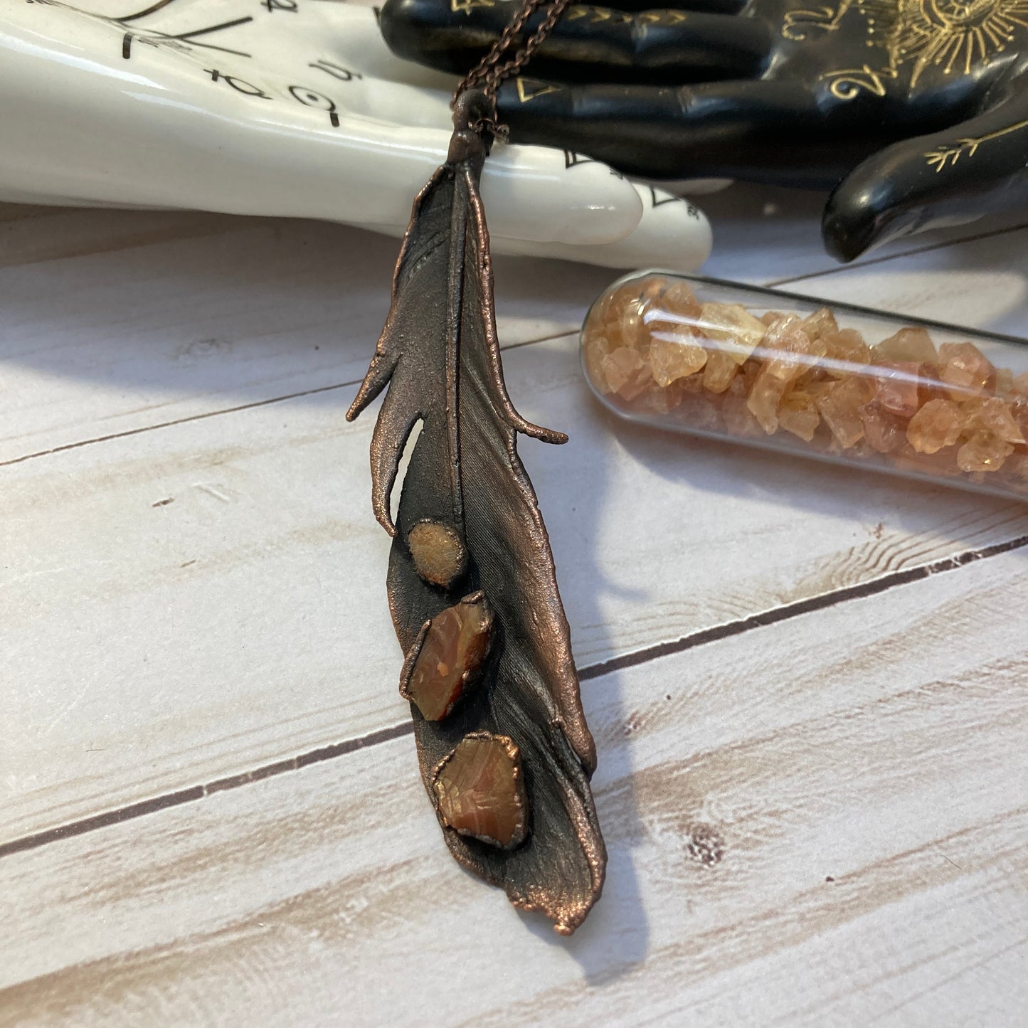 Real Feather Necklace with Three Agates