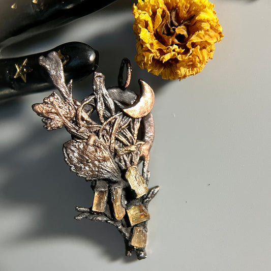 topaz crystals in a real pressed wildflower bouquet preserved as copper boho jewelry