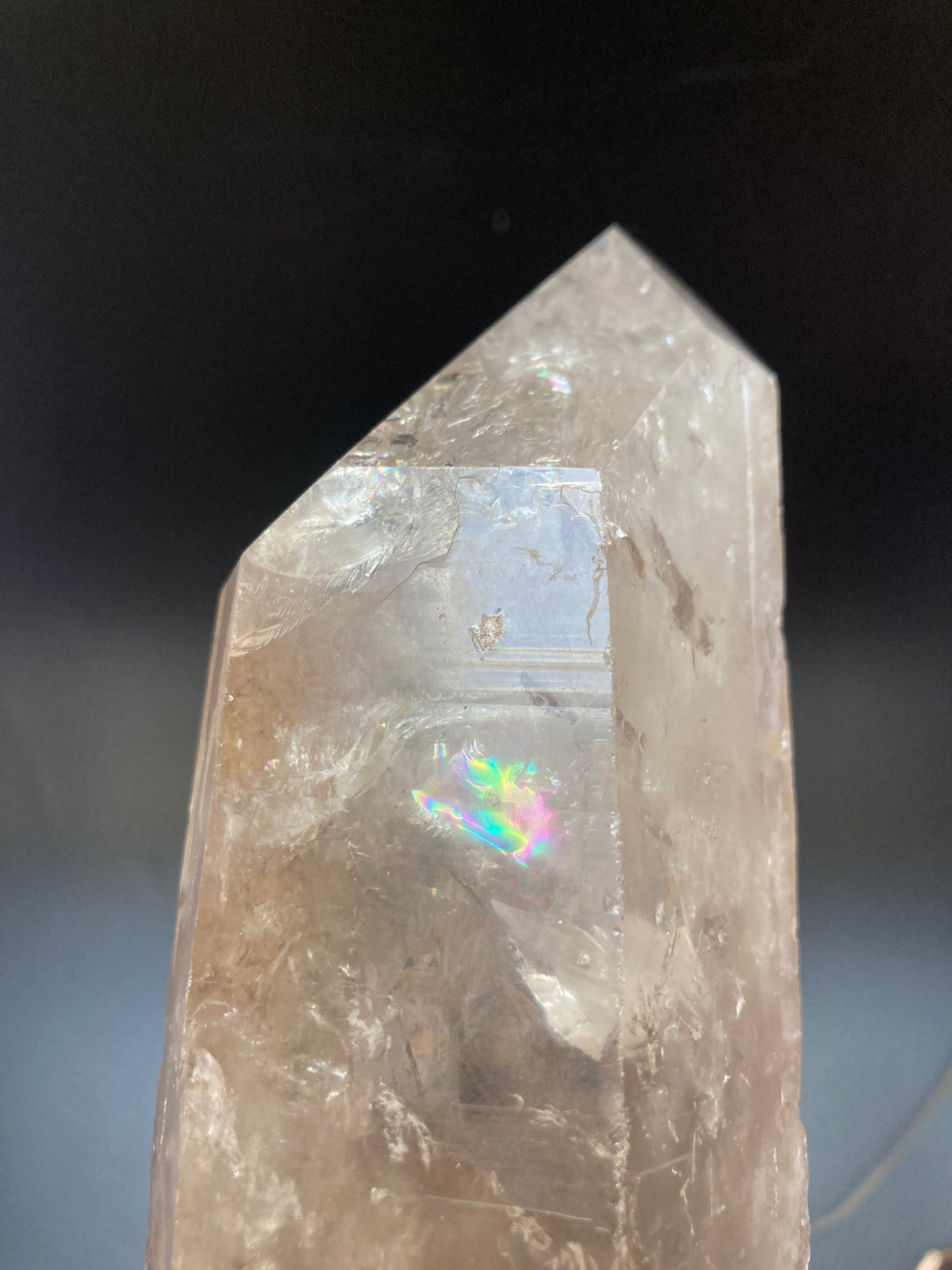 rainbow inclusion smoky quartz crystal point